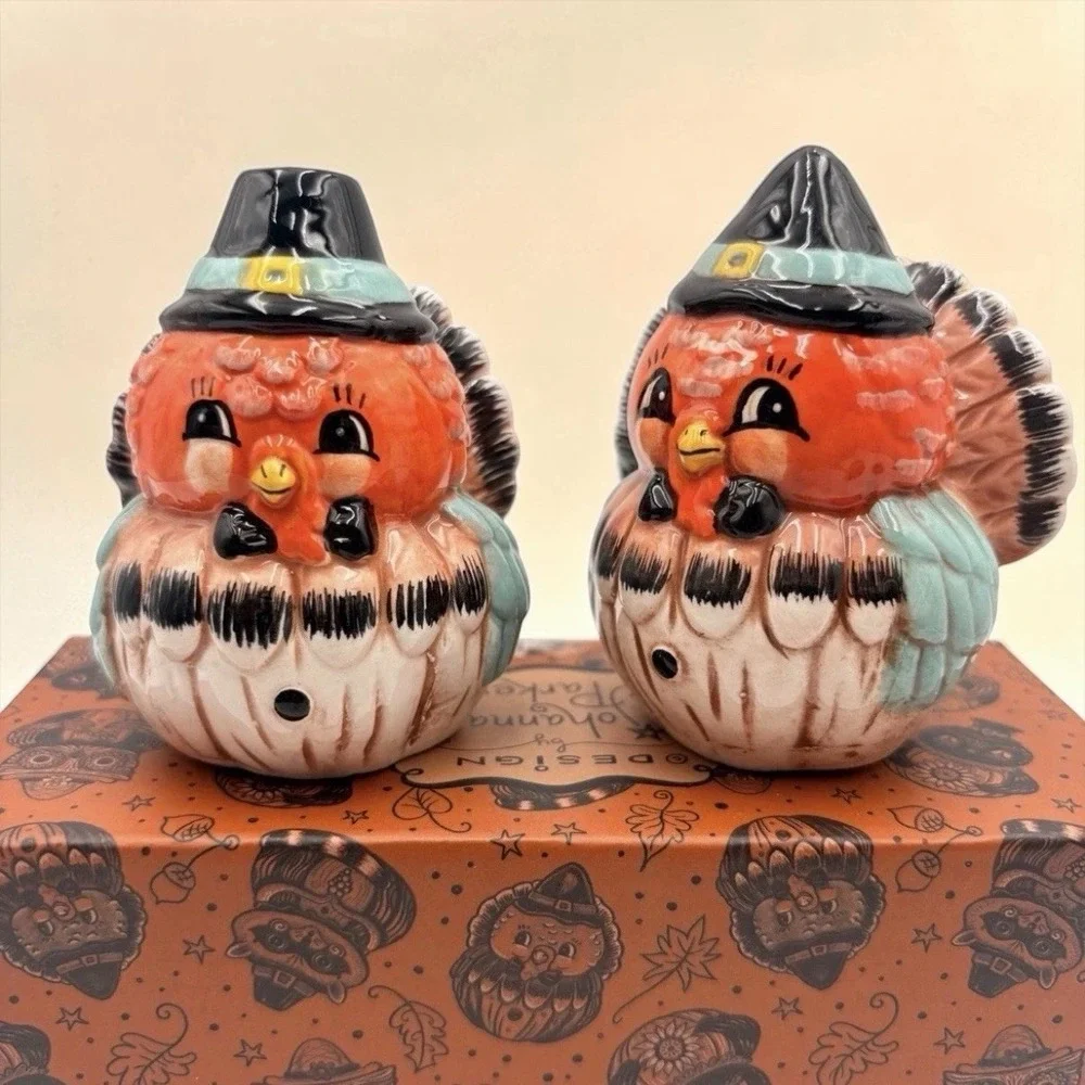 🧡 NEW Johanna Parker Turkey Salt Pepper Shakers Thanksgiving Fall Transpac NIB